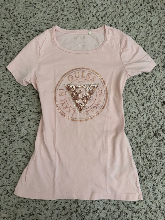 Guess Tops - GUESS Light Pink Short Sleeve Tee with Rose Gold Sequin Logo